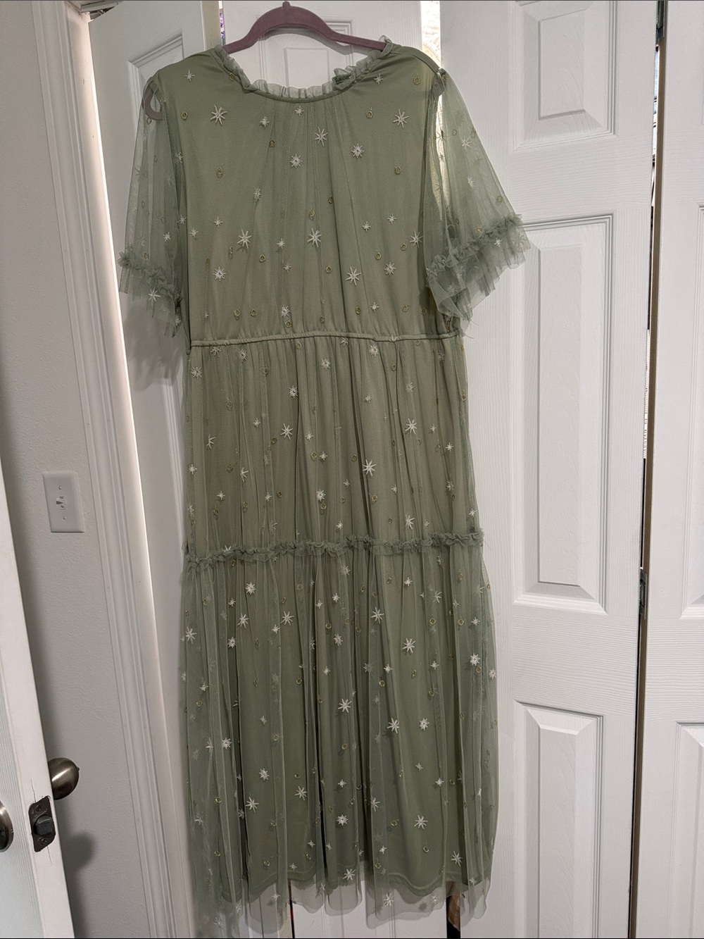 Sage Green Star-Embroidered Tulle Maxi Dress